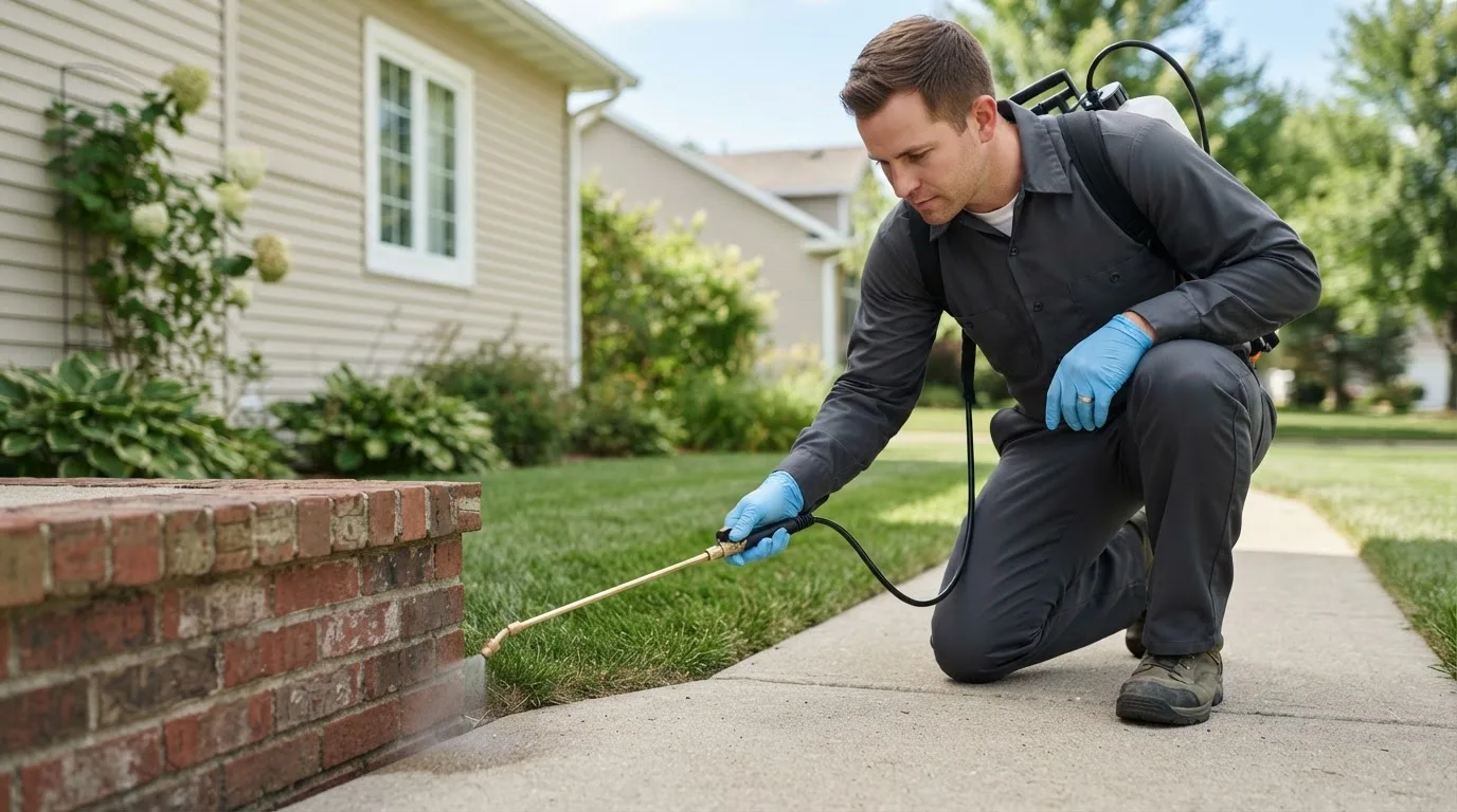 Pest control technician treating a home near Edwardsville, KS